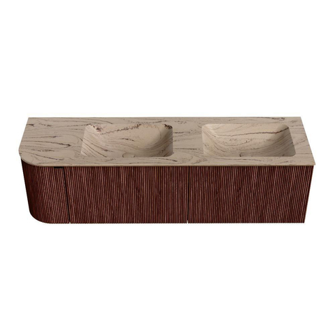 MONDIAZ KURVE-DLUX Meuble de salle de bains 155cm arrondi à gauche couleur Ruby avec 2 tiroirs et 1 porte. Lavabo LEAF Double / Droite 2 trous de robinet Arena. SW1431531