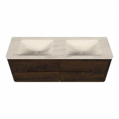 Mondiaz CIRO-DLUX Badkamermeubelset - 140x45x50cm - Solid surface wastafel Meli - 2 wasbak Dubbel - 2 kraangaten - 4 lades - Walnut SW1530525