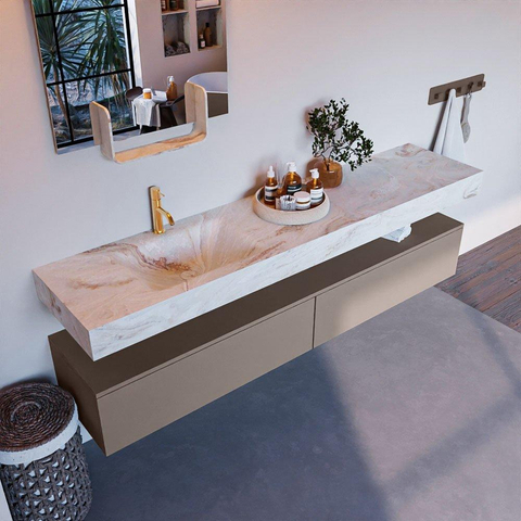 Mondiaz ALAN-DLUX Ensemble de meuble - 200cm - meuble Smoke mat - 2 tiroirs - Lavabo Cloud Frappe suspendu - vasque Gauche - 1 trou de robinet SW805163