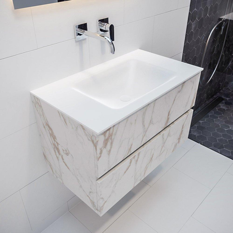 MONDIAZ VICA Ensemble de meuble salle de bain - 80cm - 2 tiroirs - lavabo Cloud au centre - 0 trous de robinet - solid surface marbre carrara SW410281