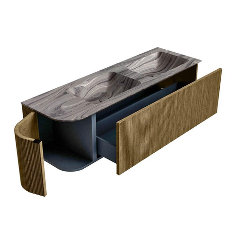 MONDIAZ KURVE-DLUX Meuble de salle de bains 145cm arrondi à gauche couleur Dusk avec 1 tiroir et 1 porte. Lavabo LEAF Double / Droite 2 trous de robinet Sombra. SW1433884