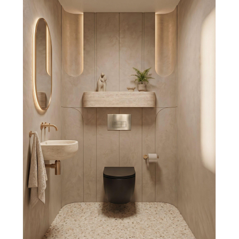 QeramiQ Dely Swirl Toiletset - inbouwreservoir Qeramiq Flush - 35mm zitting - metaal messing geborsteld bedieningsplaat - rechthoekige knoppen - mat zwart SW1578294