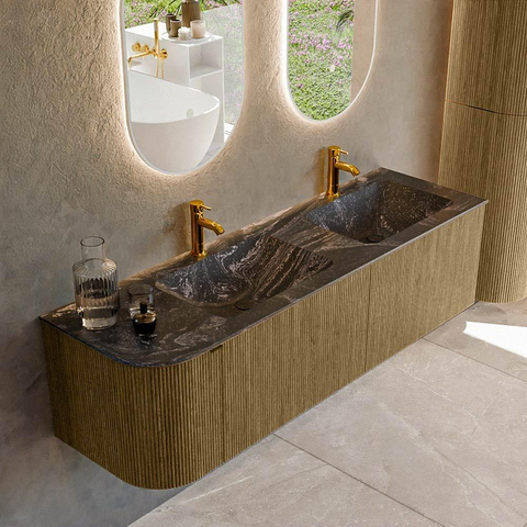 Mondiaz KURVE-DLUX Ensemble de meuble de salle de bains - 155x46x40cm - 2 tiroirs - 1 porte - plan vasque solid surface - double / droite - 2 trous de robinet - Dusk SW1415557