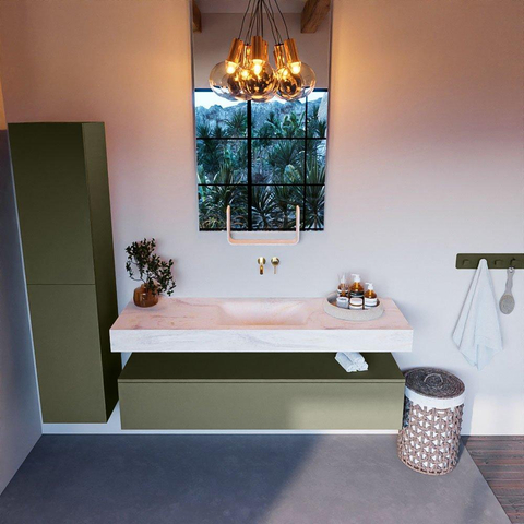 Mondiaz ALAN-DLUX Ensemble de meuble - 150cm - meuble Army mat - 1 tiroir - Lavabo Cloud Ostra suspendu - vasque Centre - 0 trous de robinet SW807350