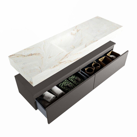 Mondiaz ALAN-DLUX Ensemble de meuble - 150cm - meuble Dark grey mat - 2 tiroirs - Lavabo Cloud Frappe suspendu - vasque Centre - 0 trous de robinet SW805026