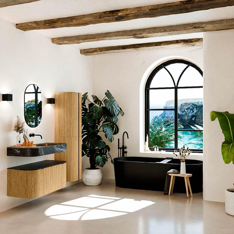 MONDIAZ THOR-DLUX 100cm meuble de salle de bains arrondi gauche + droite couleur Chêne avec 1 tiroir et 2 portes. Vasque suspendue CLOUD Droite sans trou de robinet couleur Lava. SW1467314