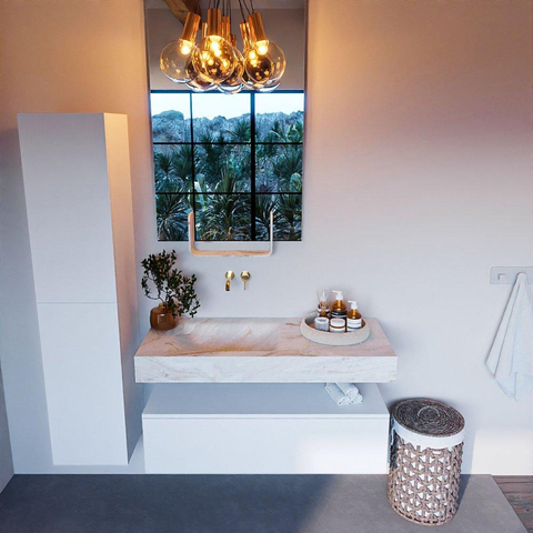 Mondiaz ALAN-DLUX Ensemble de meuble - 110cm - meuble Talc mat - 1 tiroir - Lavabo Cloud Frappe suspendu - vasque Gauche - 0 trous de robinet SW804976