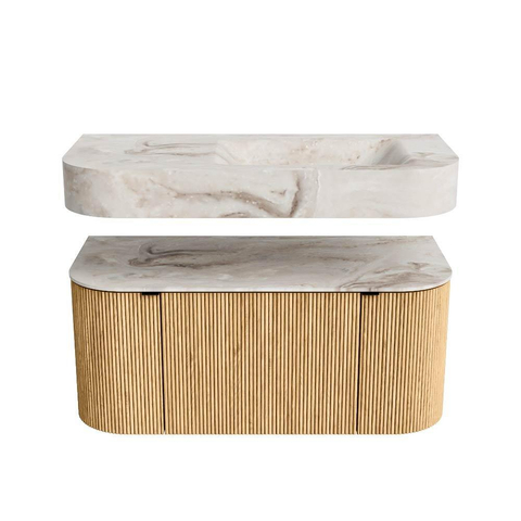 MONDIAZ THOR-DLUX 100cm badmeubel ronding links + rechts kleur Oak met 1 lade en 2 deuren. Vrijhangende wastafel CLOUD Rechts 1 kraangat kleur Frappe. SW1467305