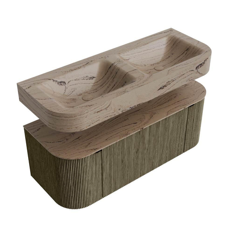 MONDIAZ THOR-DLUX 120cm meuble de salle de bains arrondi gauche + droite couleur Shadow avec 1 tiroir et 2 portes. Vasque suspendue CLOUD Double sans trou de robinet couleur Arena. SW1463342