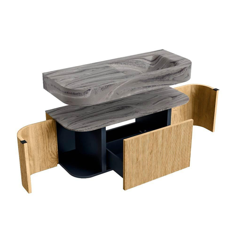 MONDIAZ THOR-DLUX 110cm meuble de salle de bains arrondi gauche + droite couleur Chêne avec 1 tiroir et 2 portes. Vasque suspendue CLOUD droite sans trou de robinet couleur Sombra. SW1463069
