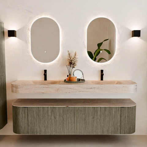 MONDIAZ THOR-DLUX 180cm meuble de salle de bains arrondi gauche + droite couleur Shadow avec 2 tiroirs et 2 portes. Vasque suspendue CLOUD Double 2 trous de robinet couleur Saba. SW1466255