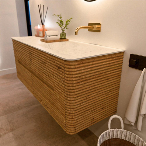 Mondiaz CIRO-DLUX Badkamermeubelset - 130x45x50cm - Solid surface wastafel Opalo - 1 wasbak Rechts - zonder kraangaten - 4 lades - Oak SW1531035