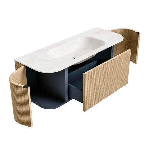 MONDIAZ KURVE-DLUX Meuble de salle de bains 120 cm avec module 25 Len R couleur Oak avec 1 tiroir et 2 portes. Lavabo BIG SMALL central 1 trou de robinet couleur Ostra. SW1137738