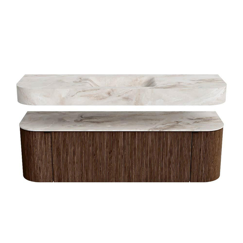 MONDIAZ THOR-DLUX 150cm meuble de salle de bains arrondi gauche + droite couleur Walnut avec 1 tiroir et 2 portes. Vasque suspendue CLOUD Milieu sans trou de robinet couleur Frappe. SW1464624