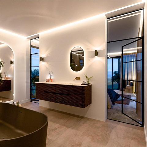 Mondiaz CIRO-DLUX Meuble de salle de bains - 170x45x50cm - vasque solid surface Nata - 1 lavabo à droite - sans trous de robinet - 4 tiroirs - Noyer SW1530619