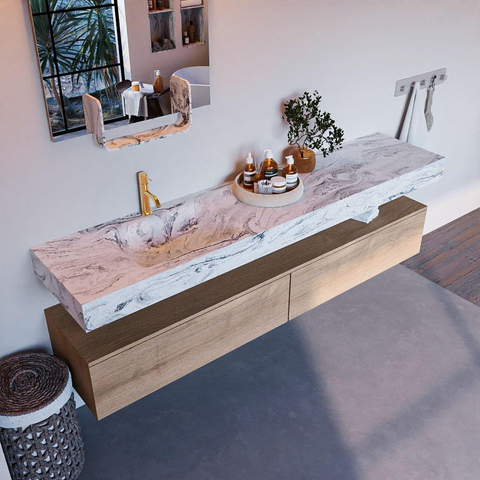 Mondiaz ALAN-DLUX Ensemble de meuble - 200cm - meuble Washed Oak mat - 2 tiroirs - Lavabo Cloud Glace suspendu - vasque Gauche - 1 trou de robinet SW808862
