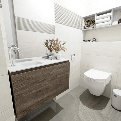 MONDIAZ OLAN Toiletmeubel 80x30x40cm met 1 kraangaten 1 lades dark brown mat Wastafel Lex links Solid Surface Wit SW473494