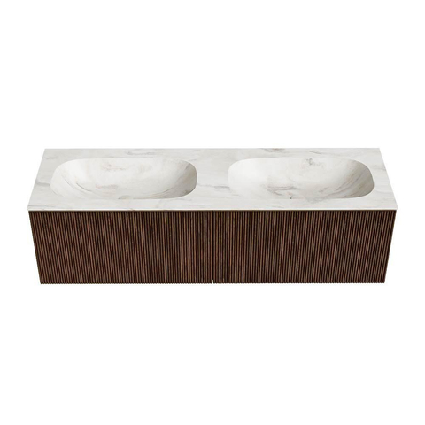 MONDIAZ KURVE-DLUX 150cm badmeubel kleur Walnut met 2 lades. Wastafel STOR SMALL dubbel 2 kraangaten kleur Ostra. SW1137892