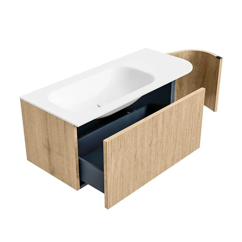 MONDIAZ KURVE Meuble de salle de bains 105 cm avec module 25 R couleur Oak avec 1 tiroir et 1 porte. Plan vasque BIG SMALL gauche 1 trou de robinet Talc. SW1138201