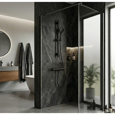 Adema Sparkle 2.0 Doucheset - thermostaatkraan - 70cm glijstang - ronde handdouche - metalen doucheslang - mat zwart SW1481410