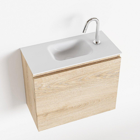 MONDIAZ OLAN Fonteinset - 60x30x40cm - 1 kraangat - 1 lade - washed oak mat - wasbak midden - Solid Surface Wit SW473447