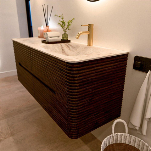 Mondiaz CIRO-DLUX Badkamermeubelset - 130x45x50cm - Solid surface wastafel Frappe - 1 wasbak Rechts - 1 kraangat - 4 lades - Walnut SW1530250