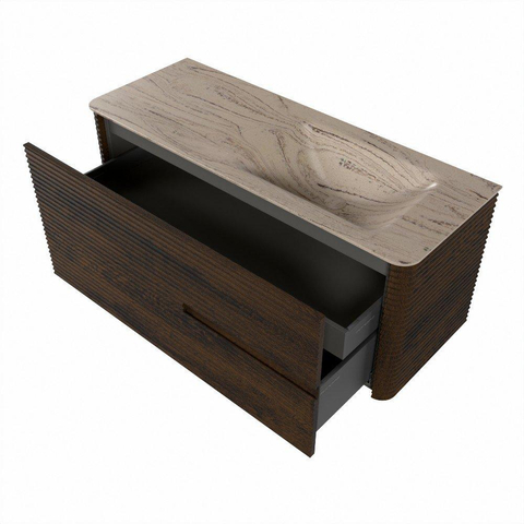 Mondiaz CIRO-DLUX Ensemble de meubles de salle de bains - 120x45x50cm - Plan vasque solid surface Arena - 1 vasque à droite - sans trous de robinet - 2 tiroirs - Noyer SW1530407