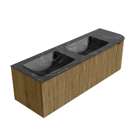 Mondiaz KURVE-DLUX Ensemble de meuble de salle de bains - 145x46x40cm - 1 tiroir - 1 porte - lavabo solid surface - double / gauche - sans trou de robinet - Dusk SW1415544