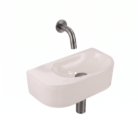 QeramiQ Fuente Fontein - 40x22x12cm - glad - halfrond - zonder fonteinkraangat - keramiek - fonteinkraan geborsteld gunmetal - verlaagd sifon - afvoerplug - linnen SW1584213