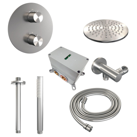 BRAUER Édition Brossée douche pluie thermostatique encastrée - 3 voies - rond - set 77 - douche principale de 20 cm - bras plafond - douchette à main - flexible de douche - coude mural - inox brossé PVD SW1159136
