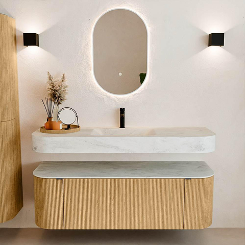 MONDIAZ THOR-DLUX Meuble de salle de bains 140cm arrondi gauche + droite couleur Oak avec 1 tiroir et 2 portes. Vasque suspendue CLOUD Milieu 1 trou de robinet couleur Opalo. SW1463959