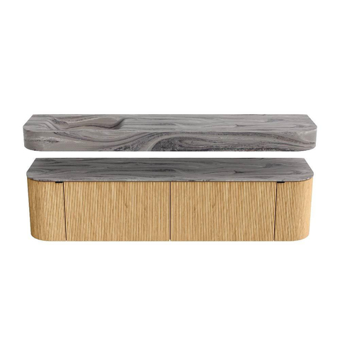 MONDIAZ THOR-DLUX 180cm meuble de salle de bains arrondi gauche + droite couleur Oak avec 2 tiroirs et 2 portes. Vasque suspendue CLOUD Gauche sans trou de robinet couleur Sombra. SW1466250