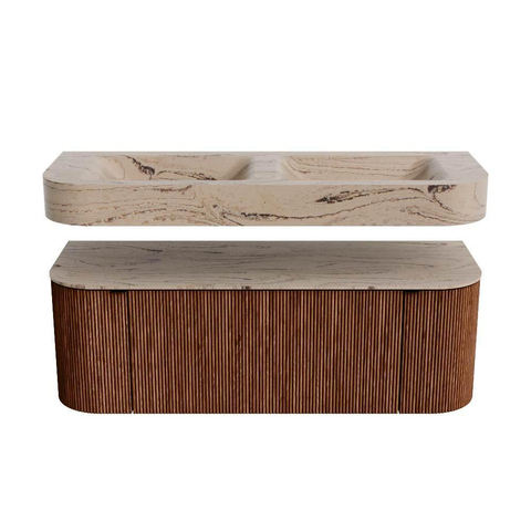 MONDIAZ THOR-DLUX 130cm meuble de salle de bains arrondi gauche + droite couleur Ruby avec 1 tiroir et 2 portes. Vasque suspendue CLOUD Double sans trou de robinet couleur Arena. SW1463796