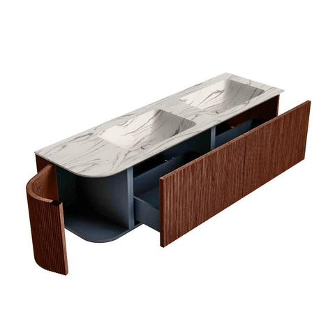 MONDIAZ KURVE-DLUX Meuble de salle de bains 155cm arrondi à gauche couleur Ruby avec 2 tiroirs et 1 porte. Lavabo LEAF Double / 2 trous de robinet à droite Nata. SW1432574