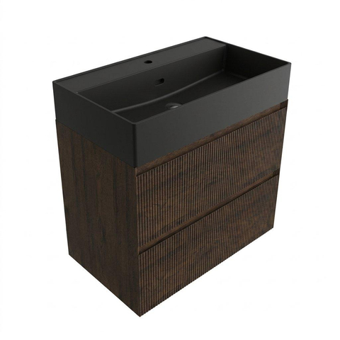 Saniclass Holz Atelier Badkamermeubelset - 80x45x72cm - Legend keramische wastafel mat zwart - 1 wasbak - 1 kraangat - 2 lades - mat eiken charcoal (hout) SW1579634