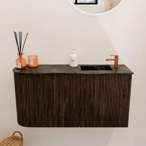 Mondiaz JOYA-DLUX 81.6cm meuble de salle de bains - arrondi gauche couleur Walnut - Vasque FAYE position Droite 1 trou de robinet couleur Lava. SW1422454