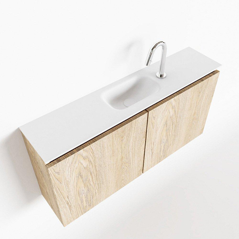 MONDIAZ TURE Toiletmeubel 100x23x50cm met 1 kraangaten 2 deuren washed oak mat Wastafel Eden midden Solid Surface Wit SW475163