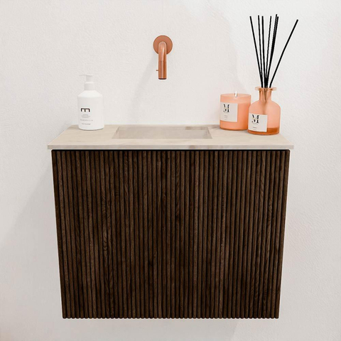 Mondiaz JOYA-DLUX 50cm toiletmeubel - kleur Walnut - Wastafel FAYE positie Links Zonder kraangat kleur Frappe. SW1422252