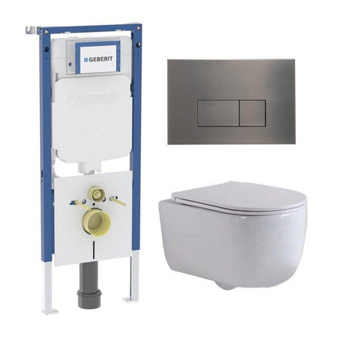QeramiQ Dely Swirl Toiletset - 36.3x51.7cm - Geberit UP720 Duofix Sigma inbouwreservoir - slim zitting - gunmetal bedieningsplaat - rechthoekige knoppen - glans wit SW1414005
