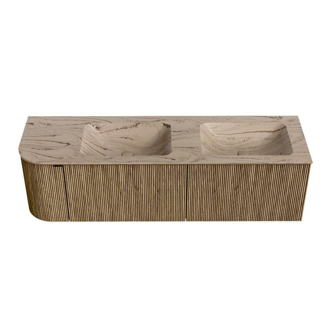 MONDIAZ KURVE-DLUX Meuble de salle de bains 155 cm arrondi à gauche couleur Dusk avec 2 tiroirs et 1 porte. Plan vasque LEAF Double / Droite sans trou de robinet Arena. SW1431397
