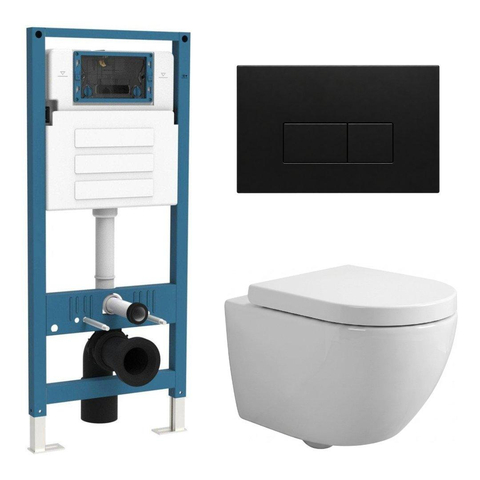 QeramiQ Dely Swirl Compact Toiletset - inbouwreservoir QeramiQ flush - 25mm zitting - metalen bedieningsplaat mat zwart- rechthoekige knoppen - glans wit SW1590595