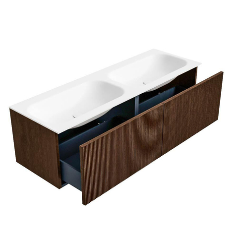 MONDIAZ KURVE Meuble de salle de bains 140 cm couleur Walnut avec 2 tiroirs. Lavabo BIG SMALL double sans trou de robinet Talc. SW1138315