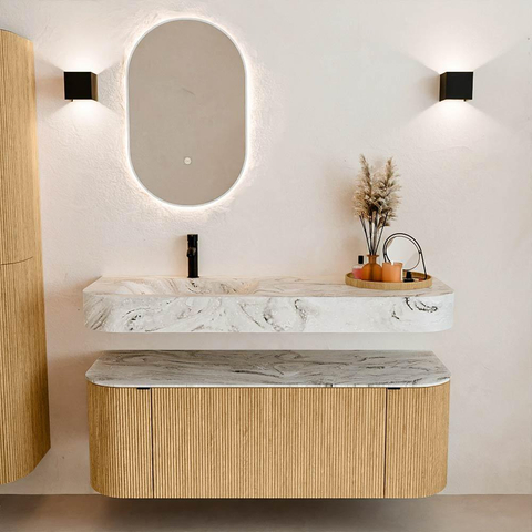 MONDIAZ THOR-DLUX 130cm badmeubel ronding links + rechts kleur Oak met 1 lade en 2 deuren. Vrijhangende wastafel CLOUD Links 1 kraangat kleur Glace. SW1463550