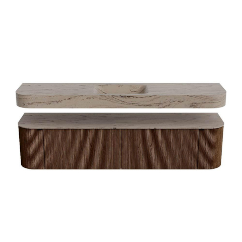 MONDIAZ THOR-DLUX 190cm meuble de salle de bains arrondi gauche + droite couleur Walnut avec 2 tiroirs et 2 portes. Vasque suspendue CLOUD Milieu sans trou de robinet couleur Arena. SW1467706