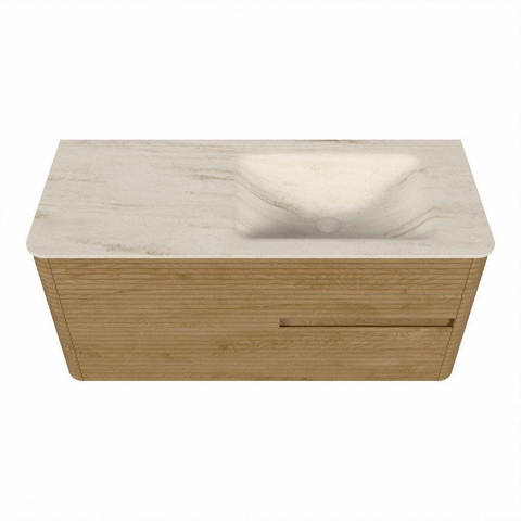 Mondiaz CIRO-DLUX Ensemble de meubles de salle de bains - 110x45x50cm - vasque solid surface Meli - 1 lavabo à droite - sans trous de robinet - 2 tiroirs - Chêne SW1531406