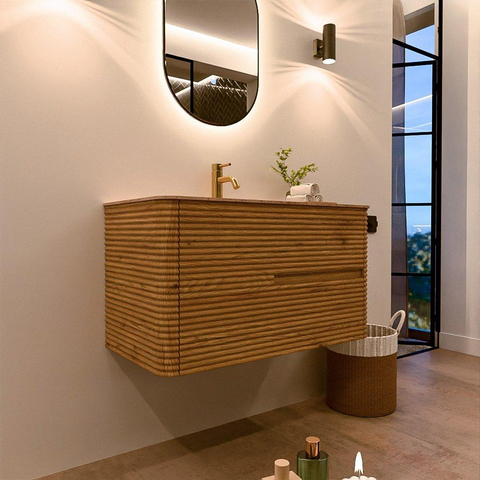 Mondiaz CIRO-DLUX Badkamermeubelset - 90x45x50cm - Solid surface wastafel Saba - 1 wasbak Midden - 1 kraangat - 2 lades - Oak SW1531189