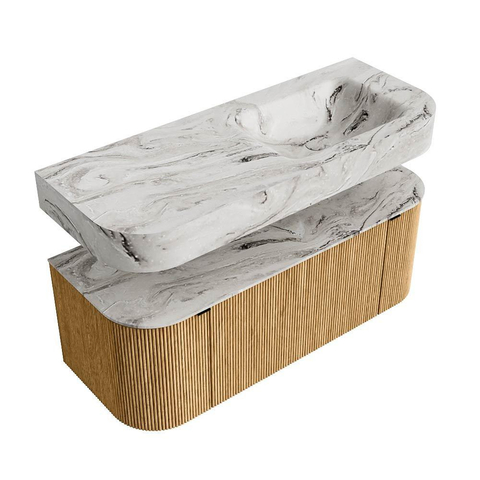 MONDIAZ THOR-DLUX 120cm meuble de salle de bains arrondi gauche + droite couleur Oak avec 1 tiroir et 2 portes. Vasque suspendue CLOUD Droite sans trou de robinet couleur Glace. SW1463087