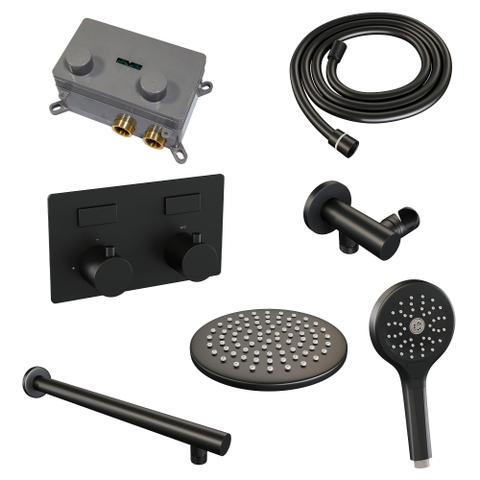 BRAUER Black Edition Douche de pluie thermostatique encastrée - boutons-poussoirs - SET 55 - pomme de douche 20cm - bras mural droit - douchette 3 jets - flexible de douche - coude d'alimentation mural - noir mat SW925422