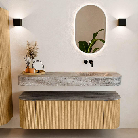 MONDIAZ THOR-DLUX 140cm badmeubel ronding links + rechts kleur Oak met 1 lade en 2 deuren. Vrijhangende wastafel CLOUD Rechts zonder kraangat kleur Oza. SW1464269