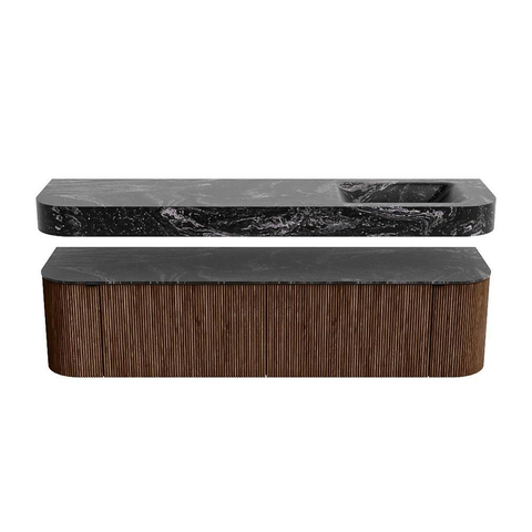 MONDIAZ THOR-DLUX 180cm badmeubel ronding links + rechts kleur Walnut met 2 lades en 2 deuren. Vrijhangende wastafel CLOUD Rechts zonder kraangat kleur Lava. SW1465955